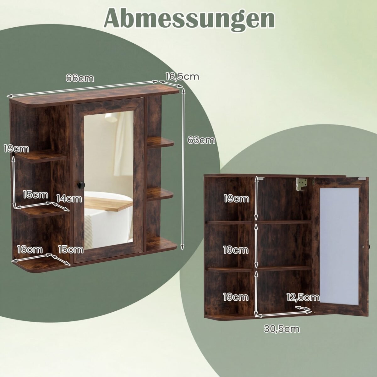 Sieninė veidrodinė spintelė vonios kambariui su 3 lentynomis ir 6 skyriais (Rusvai ruda) – Paveikslėlis 2