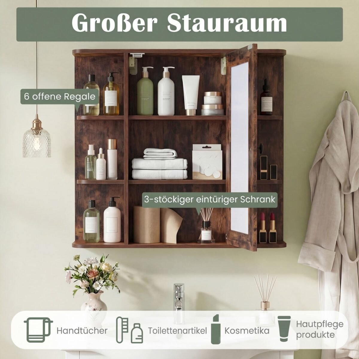 Sieninė veidrodinė spintelė vonios kambariui su 3 lentynomis ir 6 skyriais (Rusvai ruda) – Paveikslėlis 4