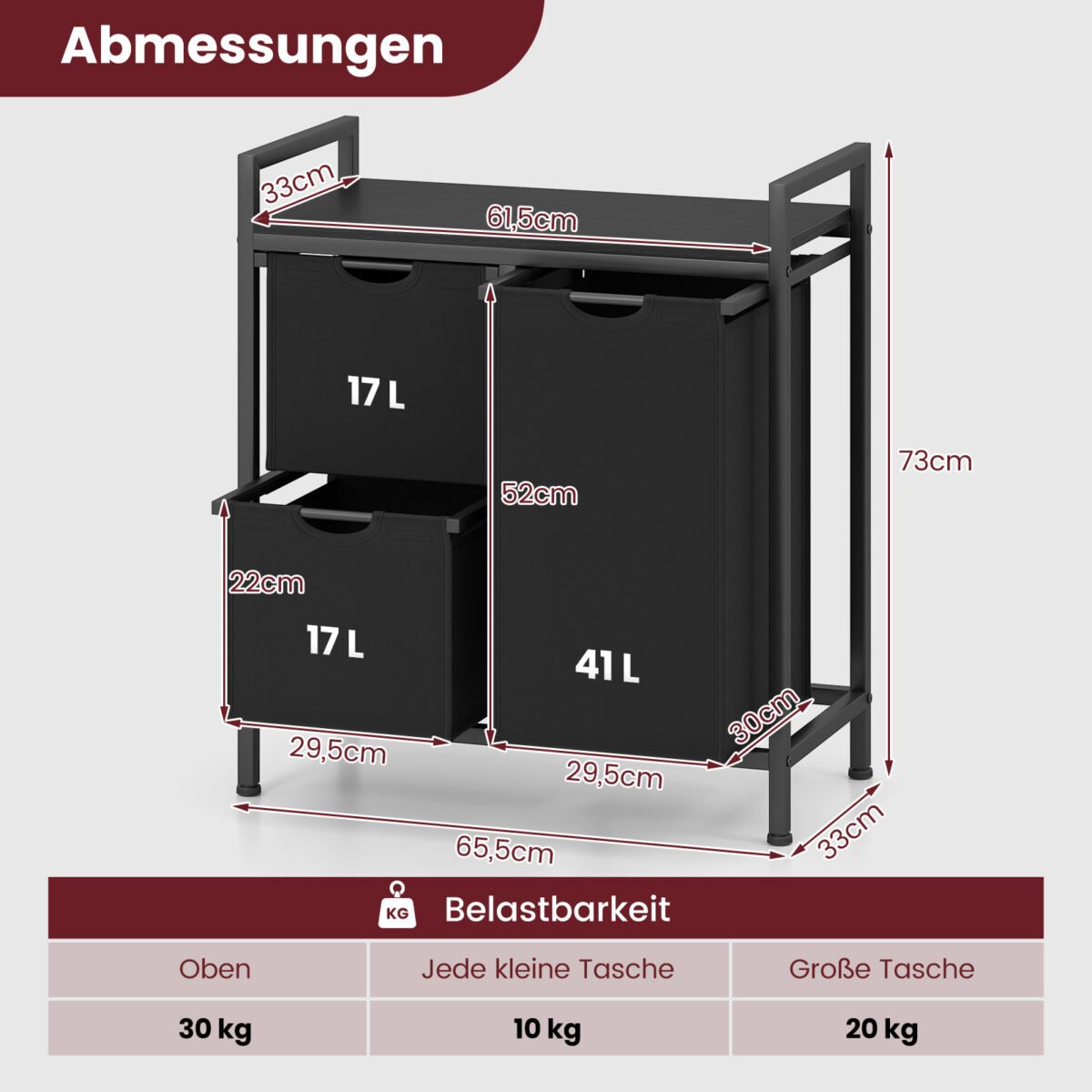 Skalbinių rūšiuoklis su 3 išimamais krepšiais ir lentyna (Juoda) – Paveikslėlis 2