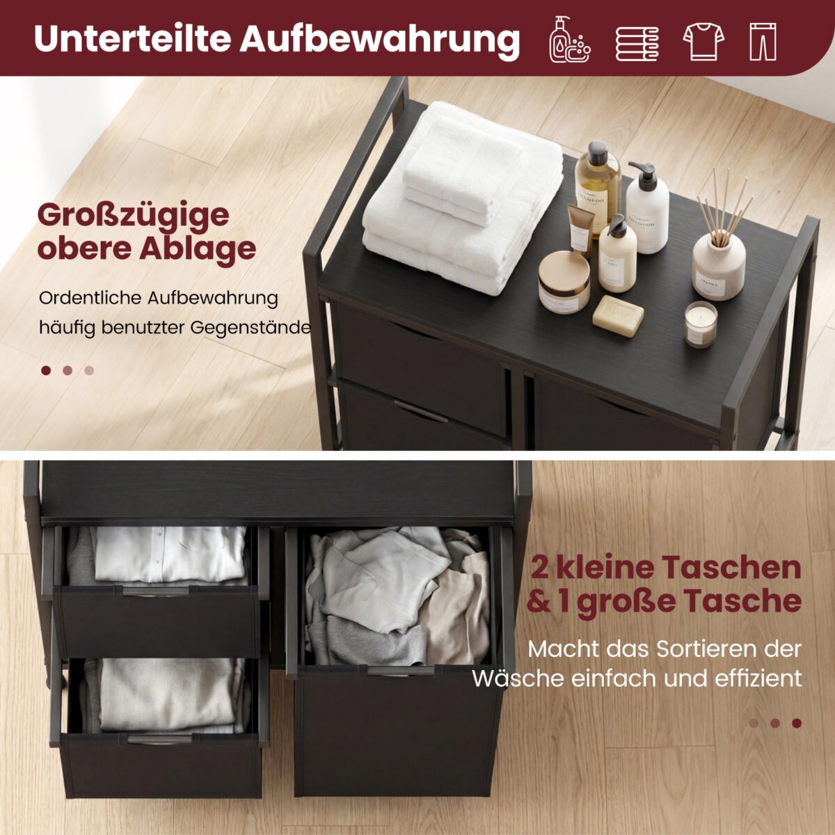 Skalbinių rūšiuoklis su 3 išimamais krepšiais ir lentyna (Juoda) – Paveikslėlis 3