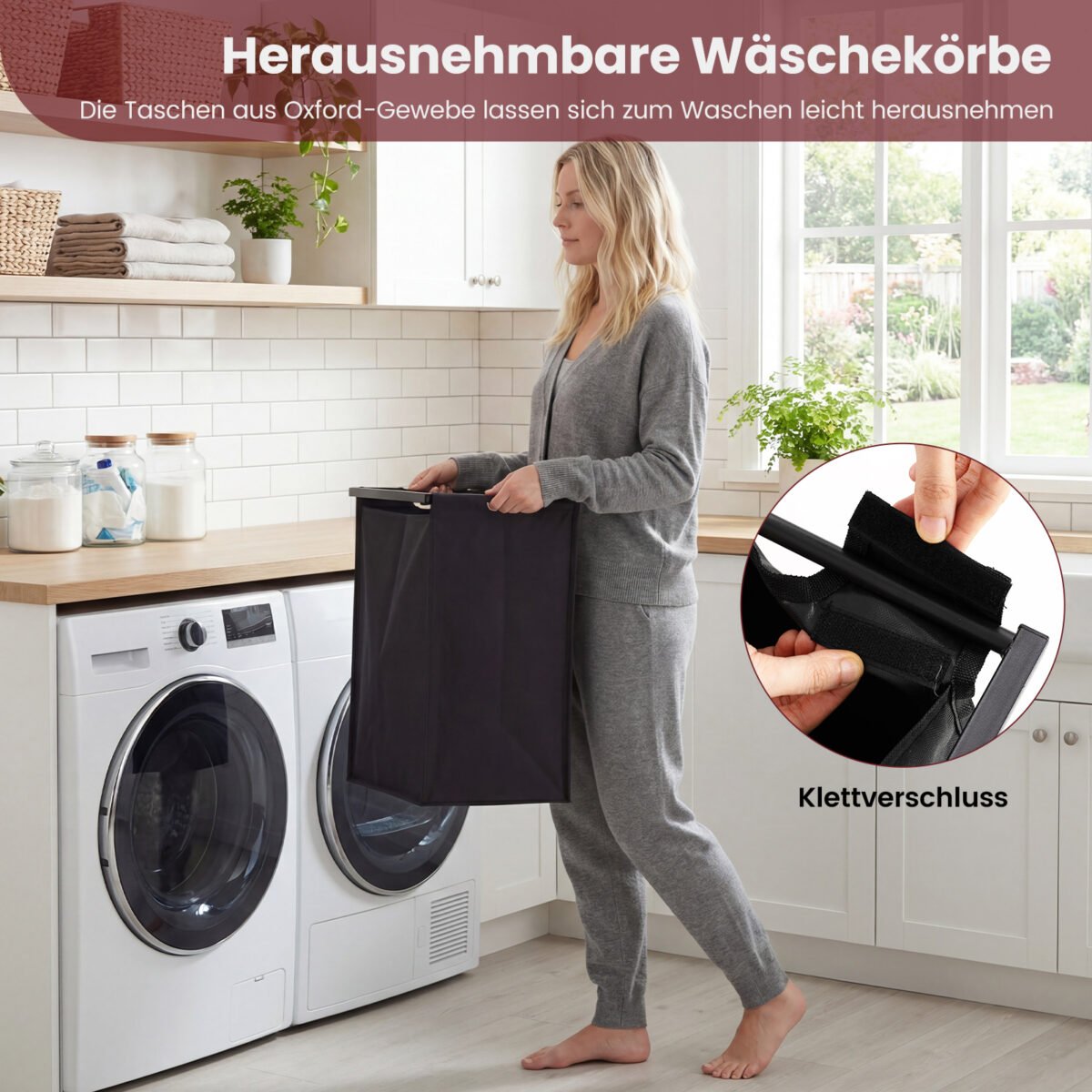 Skalbinių rūšiuoklis su 3 išimamais krepšiais ir lentyna (Juoda) – Paveikslėlis 4