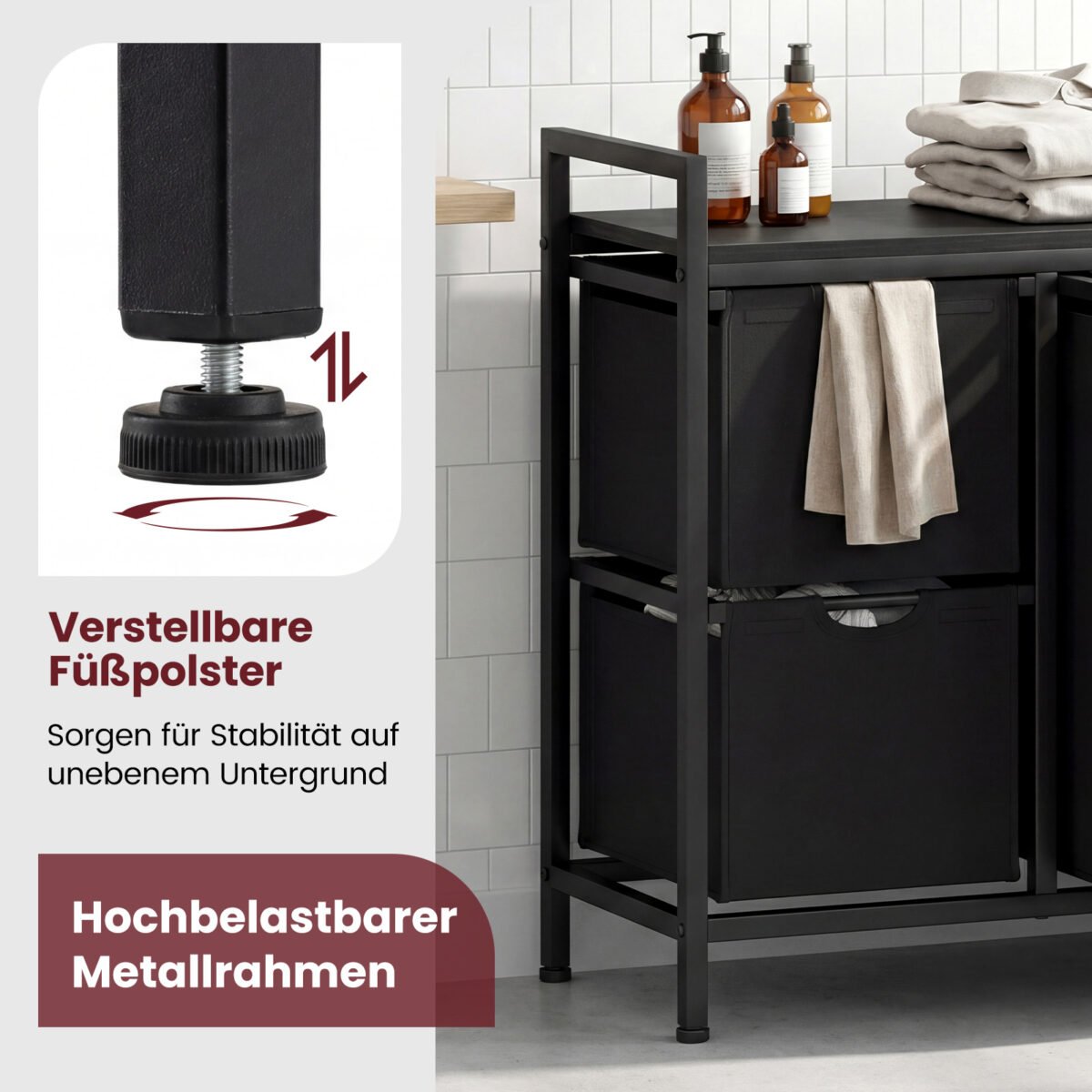 Skalbinių rūšiuoklis su 3 išimamais krepšiais ir lentyna (Juoda) – Paveikslėlis 5