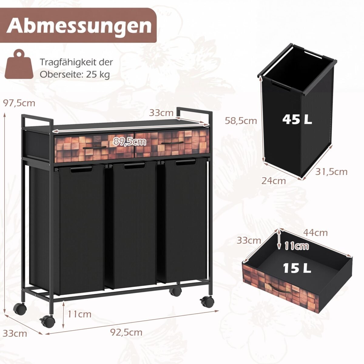 Skalbinių rūšiuotuvas su 3 skyriais ir 2 stalčiais ant ratukų (Ruda + Juoda) – Paveikslėlis 2