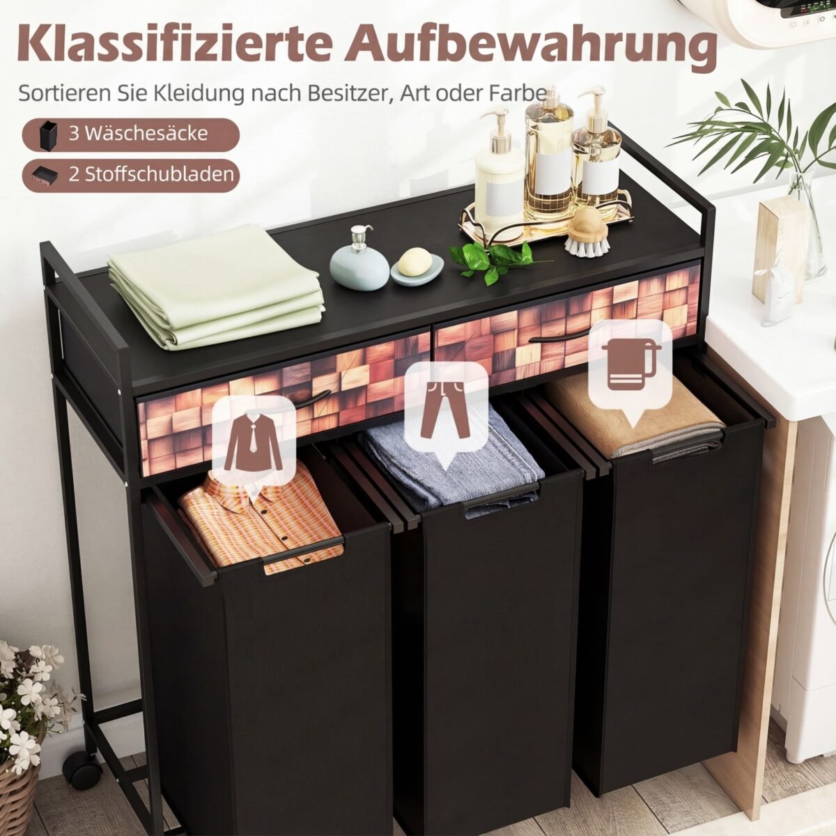 Skalbinių rūšiuotuvas su 3 skyriais ir 2 stalčiais ant ratukų (Ruda + Juoda) – Paveikslėlis 3