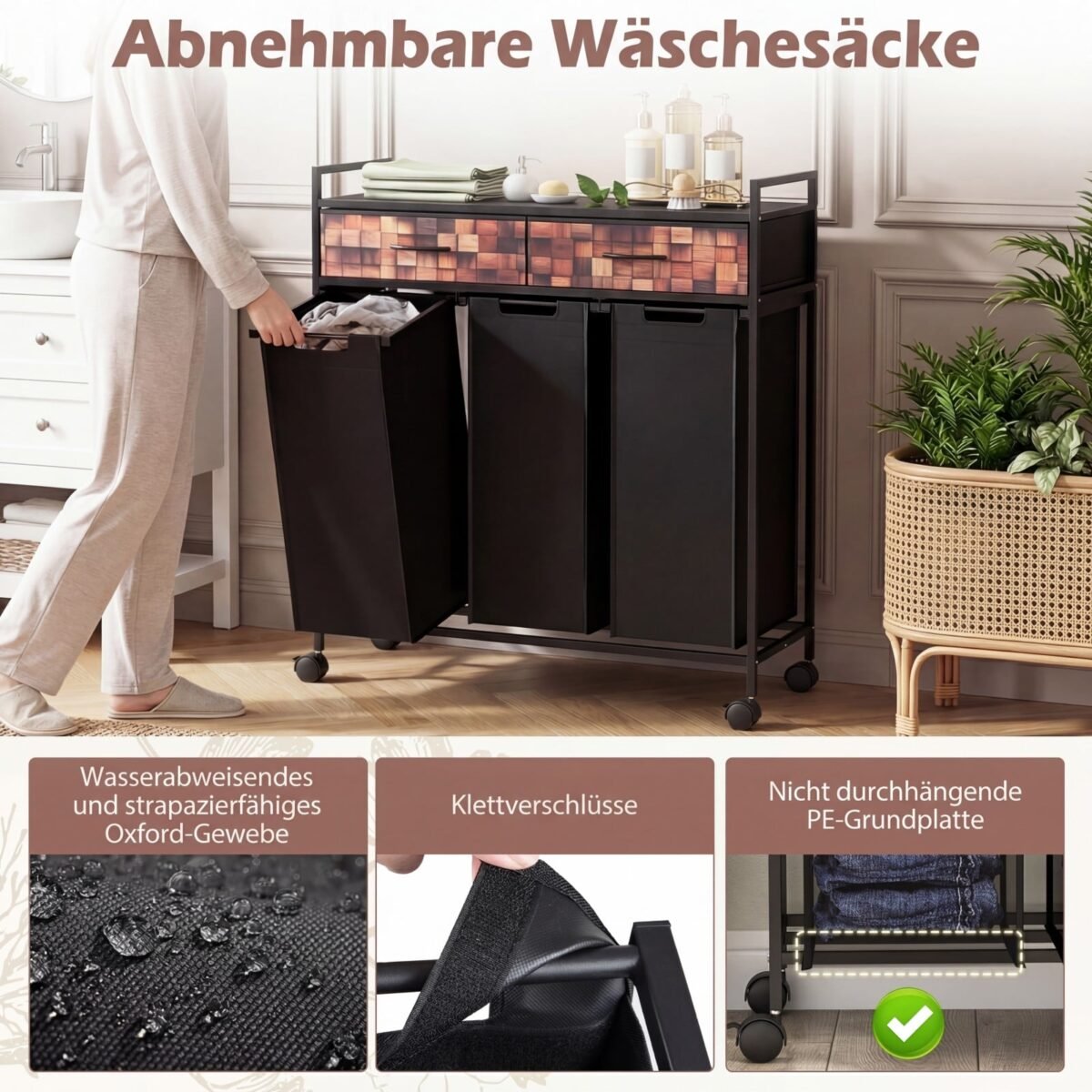 Skalbinių rūšiuotuvas su 3 skyriais ir 2 stalčiais ant ratukų (Ruda + Juoda) – Paveikslėlis 4