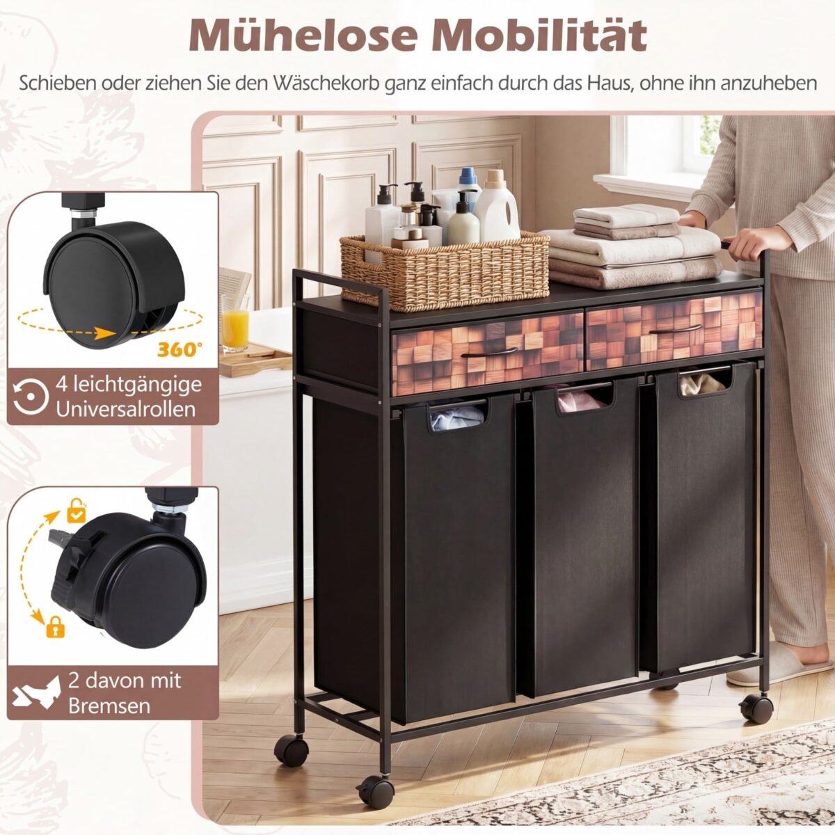 Skalbinių rūšiuotuvas su 3 skyriais ir 2 stalčiais ant ratukų (Ruda + Juoda) – Paveikslėlis 5