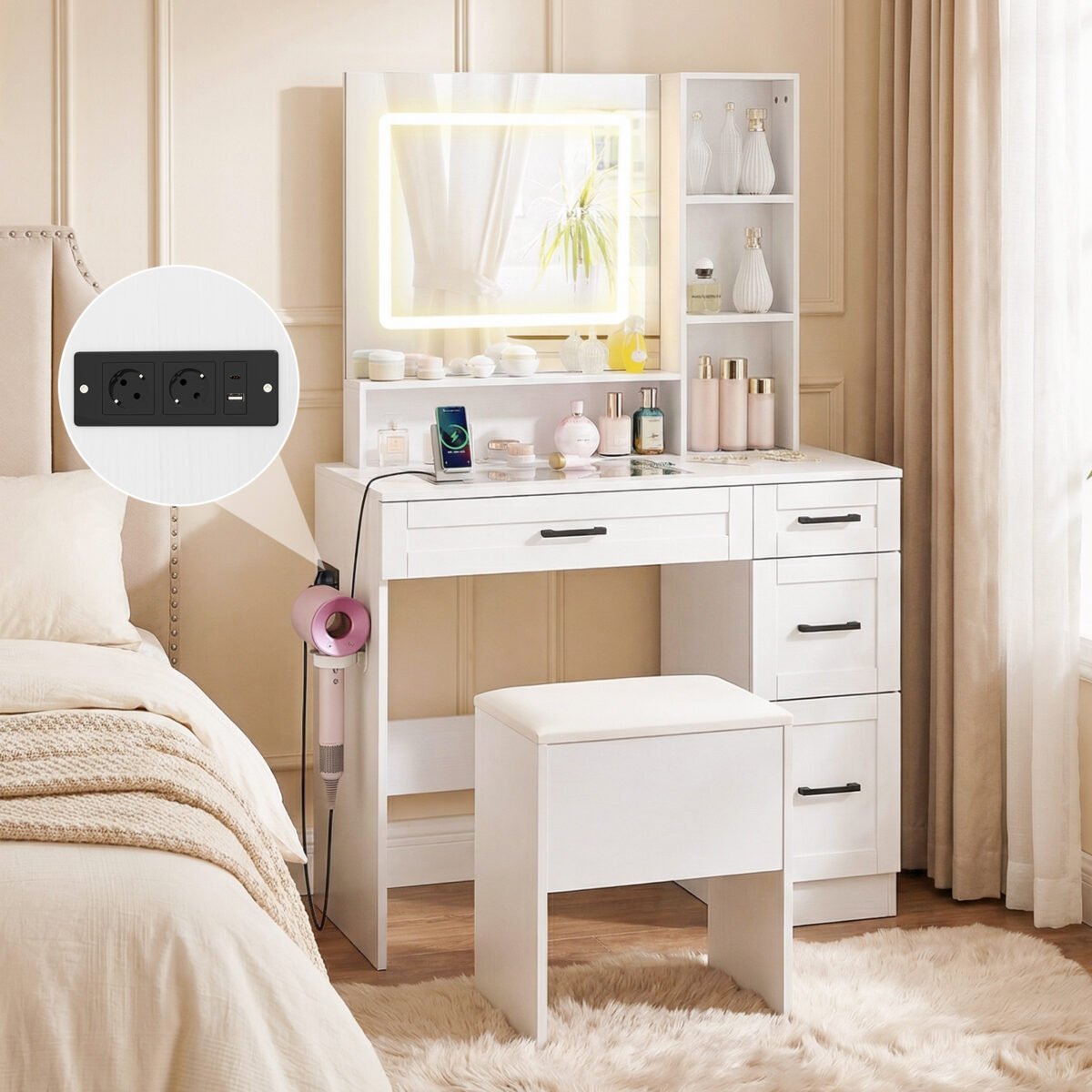Grožio stalas su LED apšviestu veidrodžiu ir įkrovimo stotele (Balta) – Paveikslėlis 3