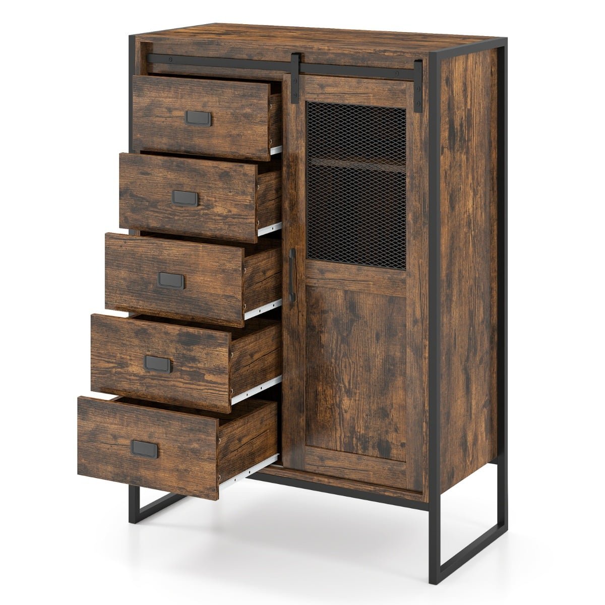 Šoninė spintelė su stumdomomis durimis ir 5 stalčiais (Kaimiška ruda)