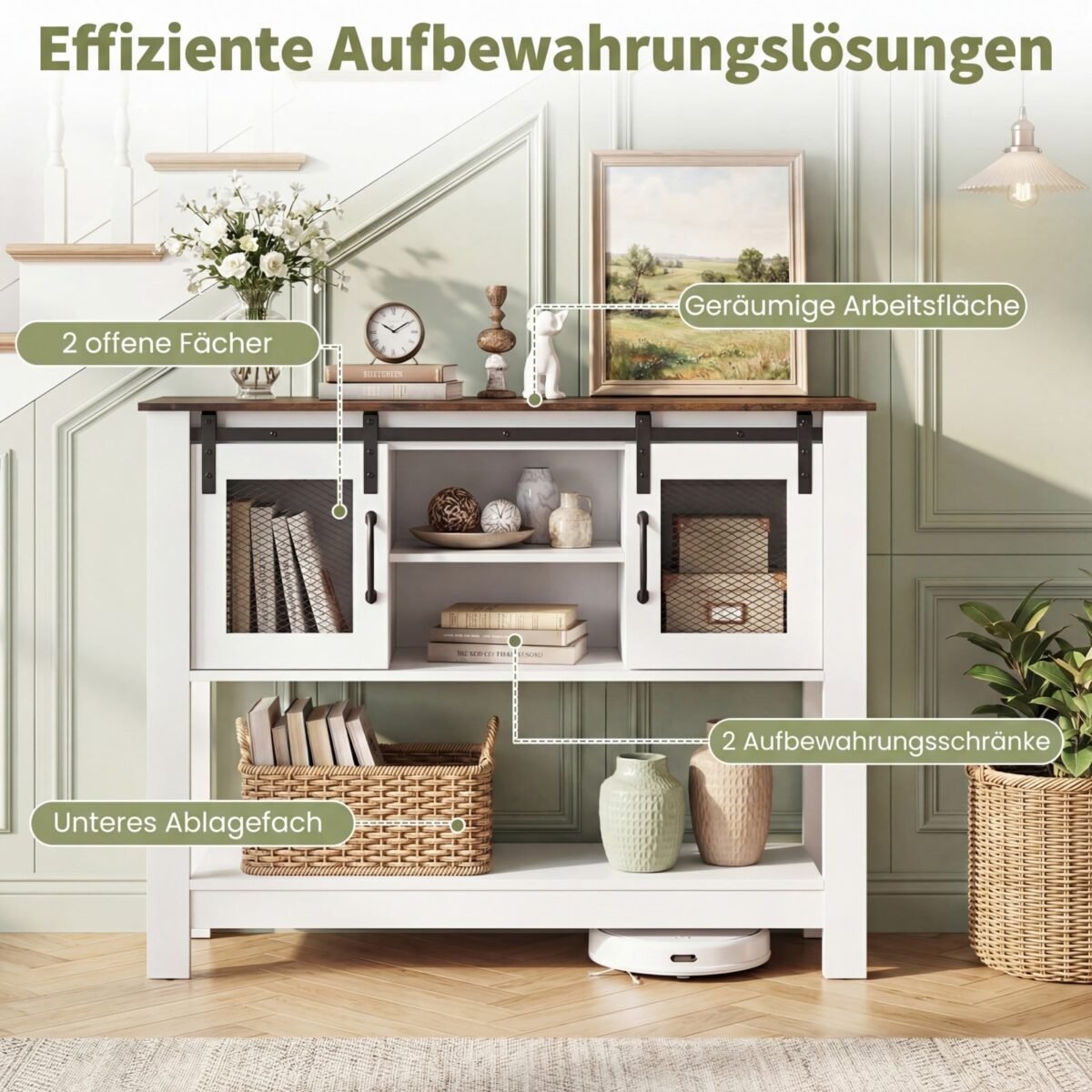 Šoninė spintelė su stumdomomis durimis ir reguliuojamomis lentynomis (Balta) – Paveikslėlis 3