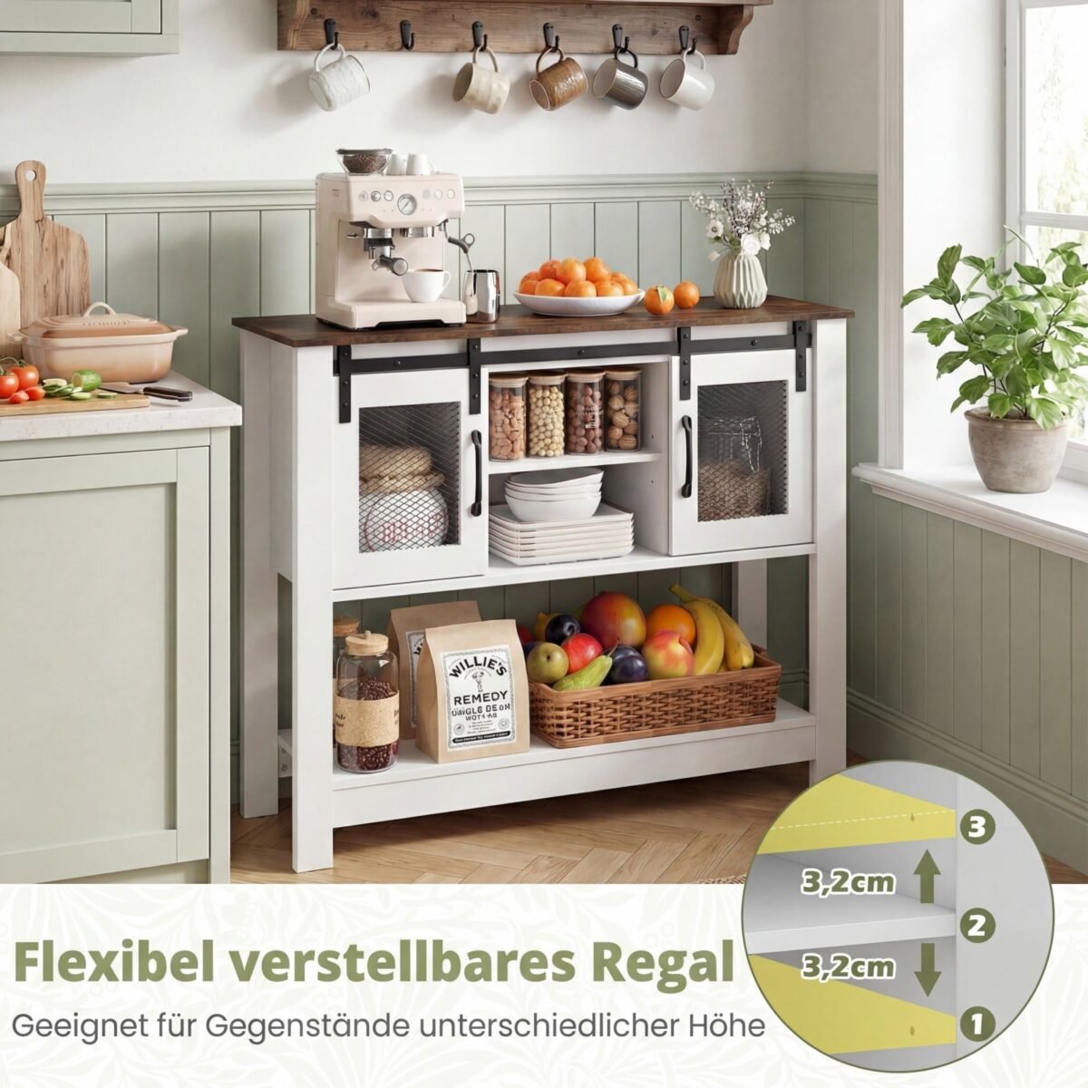 Šoninė spintelė su stumdomomis durimis ir reguliuojamomis lentynomis (Balta) – Paveikslėlis 2