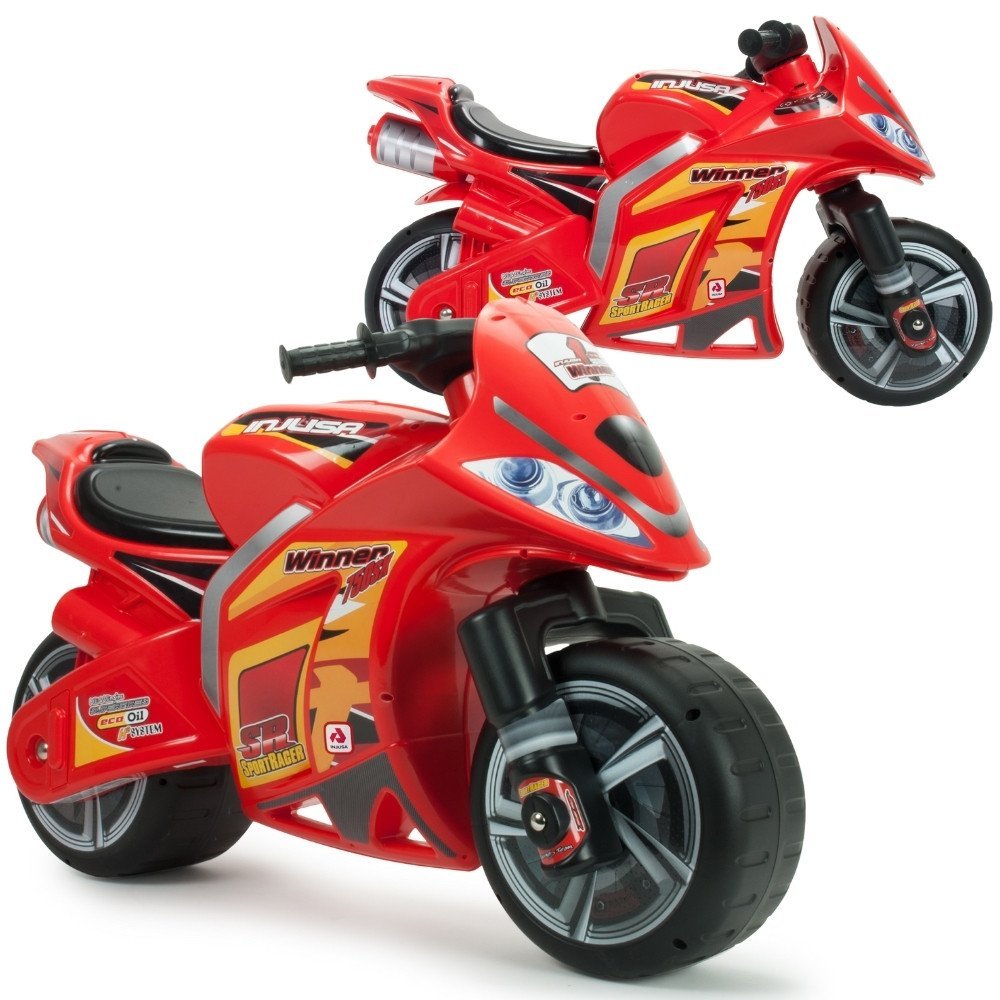 Sportiškas raudonas balansinis motociklas su plačiais ratais