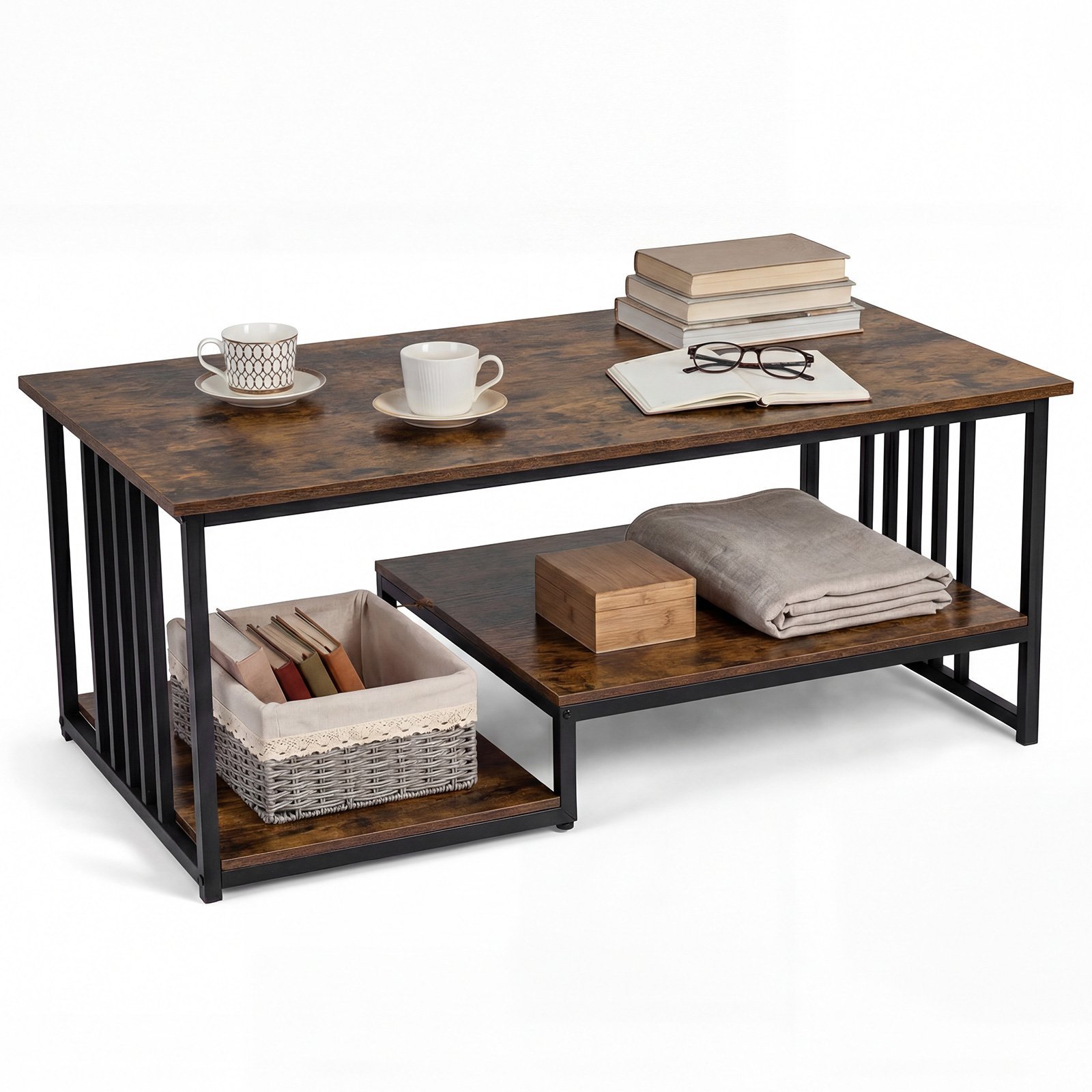 Stačiakampis kavos staliukas su 2 lentynomis ir tvirtu metaliniu rėmu (Kaimiška ruda)