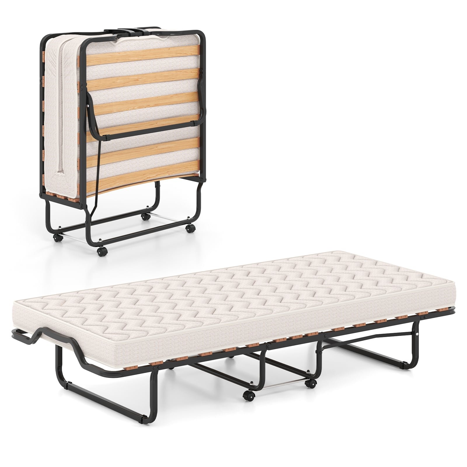 Sudedama lova su atminties putų čiužiniu ir ratukais (Juoda)