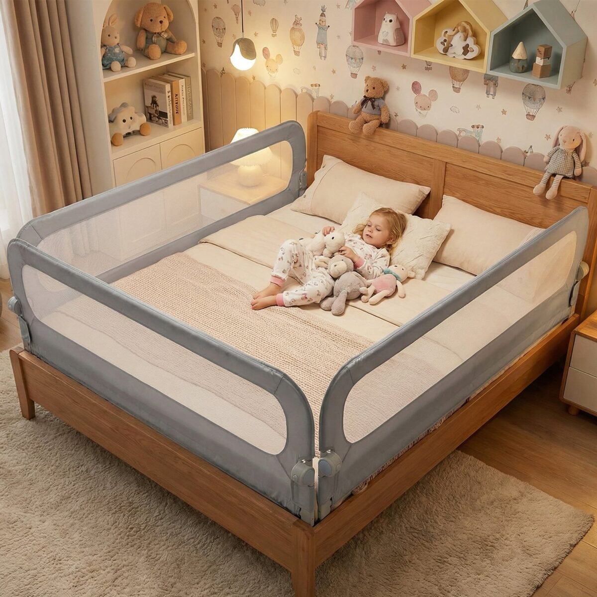 Sulankstoma ir reguliuojama apsauginė lovos tvorelė kūdikiams 120 cm (Pilka) – Paveikslėlis 3