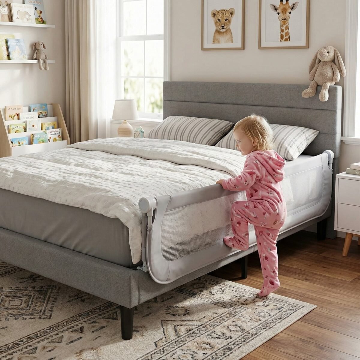 Sulankstoma ir reguliuojama apsauginė lovos tvorelė kūdikiams 120 cm (Pilka) – Paveikslėlis 4