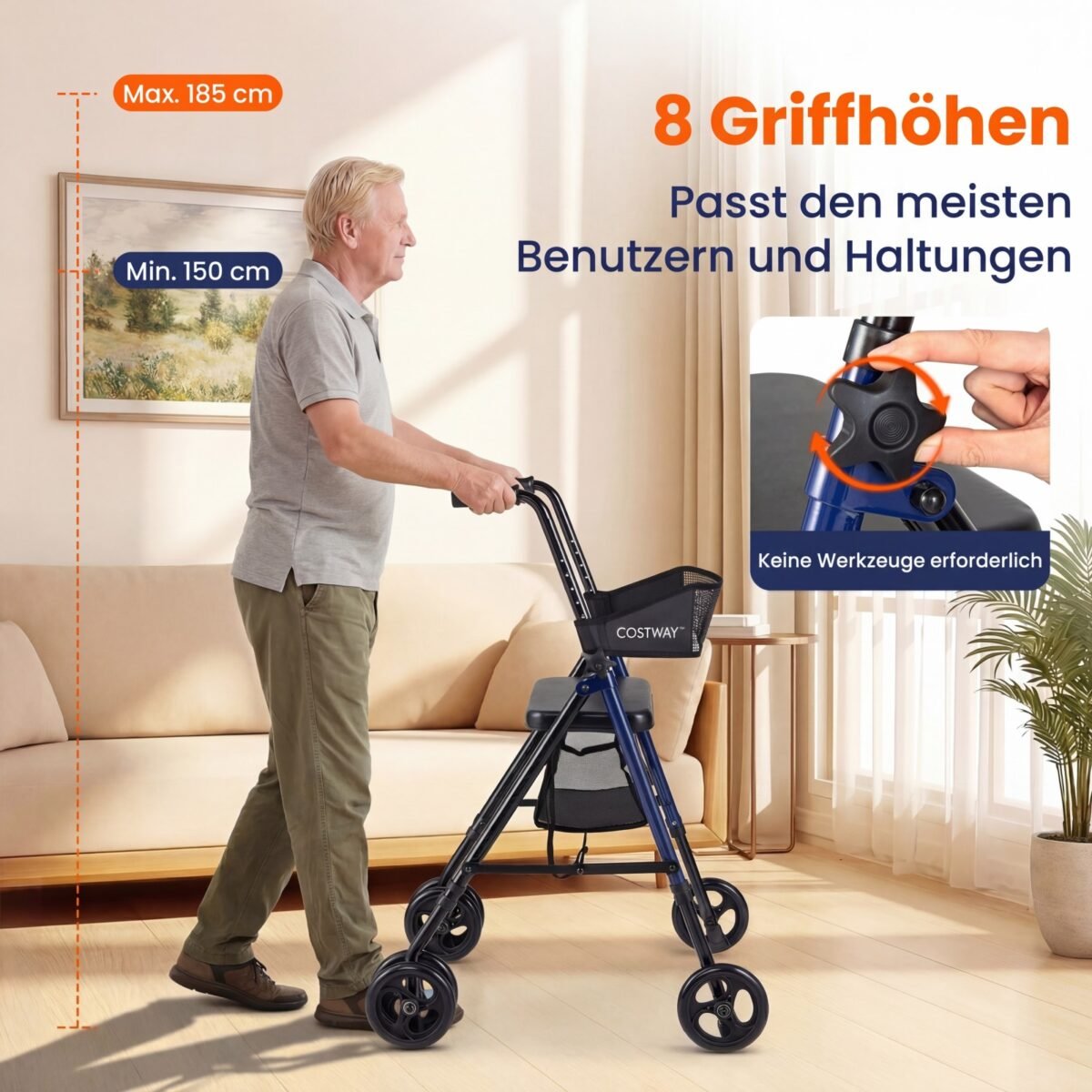 Sulankstoma lengva vaikštynė su sėdyne ir reguliuojama aukščiu (Juoda) – Paveikslėlis 4