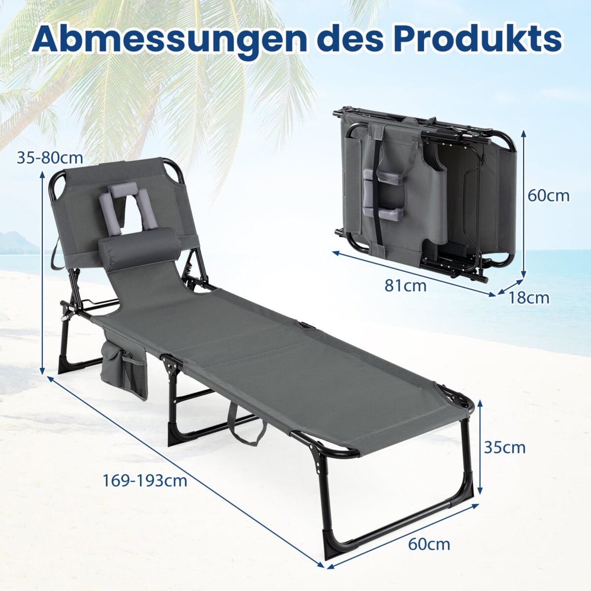 Sulankstomas gultas su reguliuojama atlošo padėtimi ir angomis veidui bei rankoms (Pilka) – Paveikslėlis 2