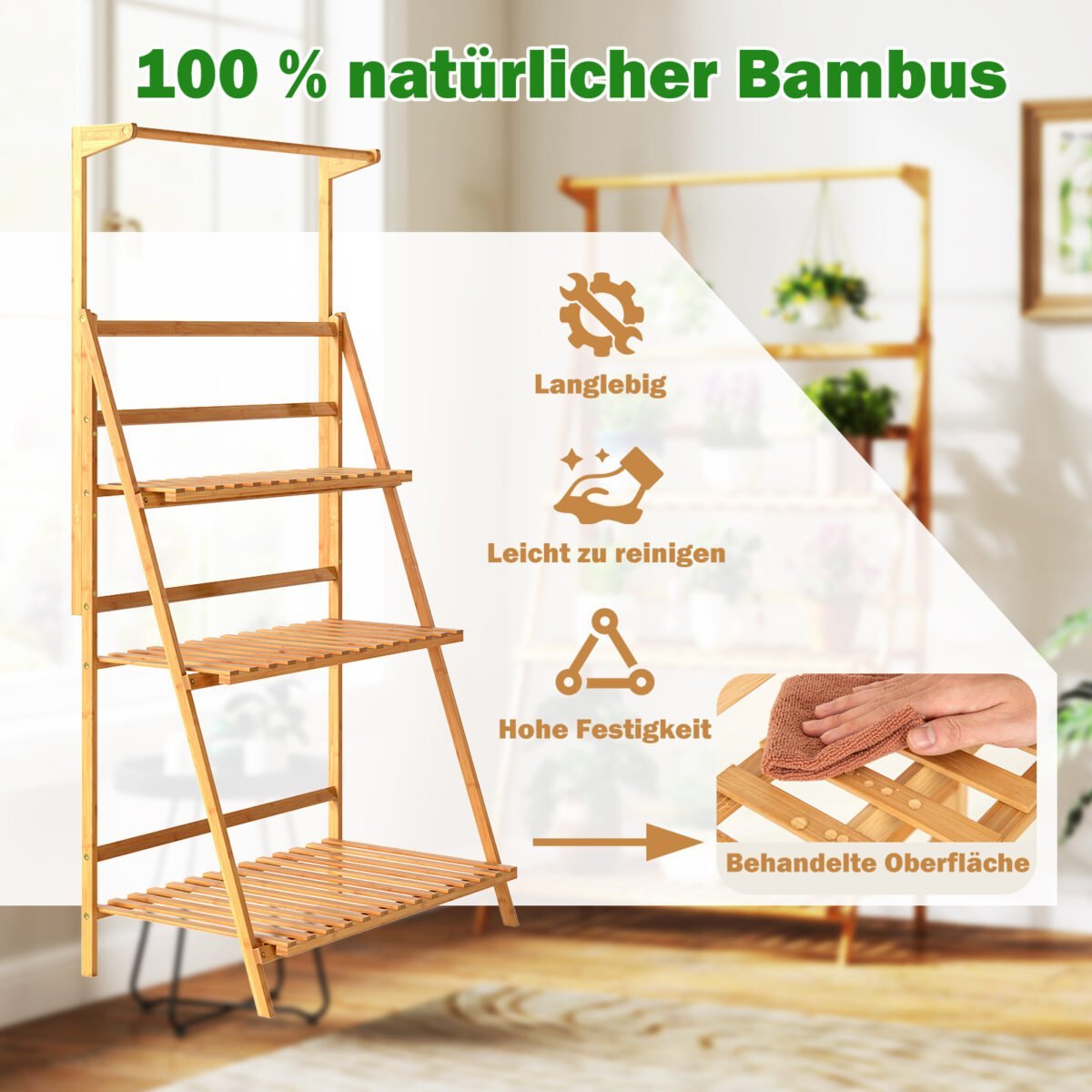 Sulankstomas gėlių stovas su 3 pakopomis ir reguliuojamu kabinimo strypu (Natūrali) – Paveikslėlis 3