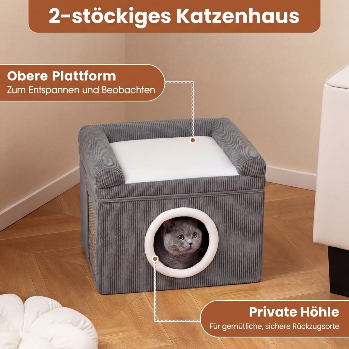 Sulankstomas dviaukštis kačių namelis su sizalio draskykle (Pilka) – Paveikslėlis 3