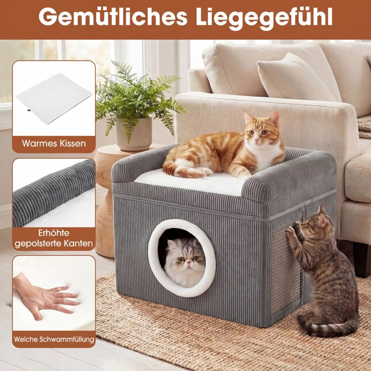 Sulankstomas dviaukštis kačių namelis su sizalio draskykle (Pilka) – Paveikslėlis 4