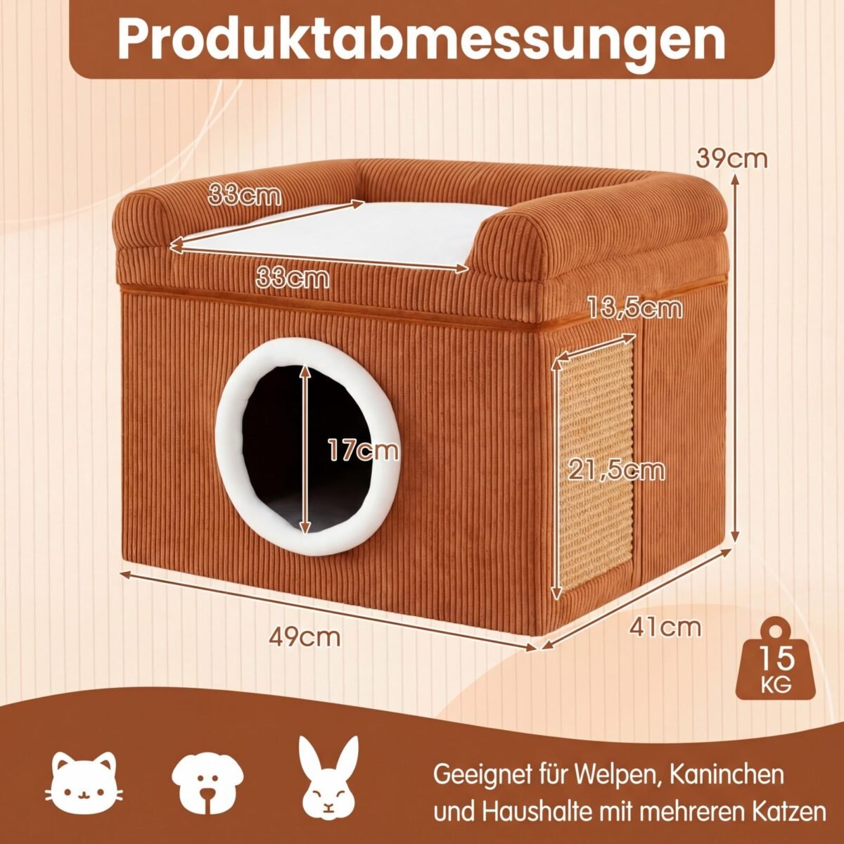 Sulankstomas kačių namelis su sizalio draskykle ir minkšta pagalve (Ruda) – Paveikslėlis 2