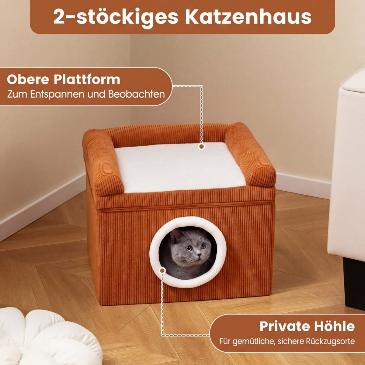 Sulankstomas kačių namelis su sizalio draskykle ir minkšta pagalve (Ruda) – Paveikslėlis 3