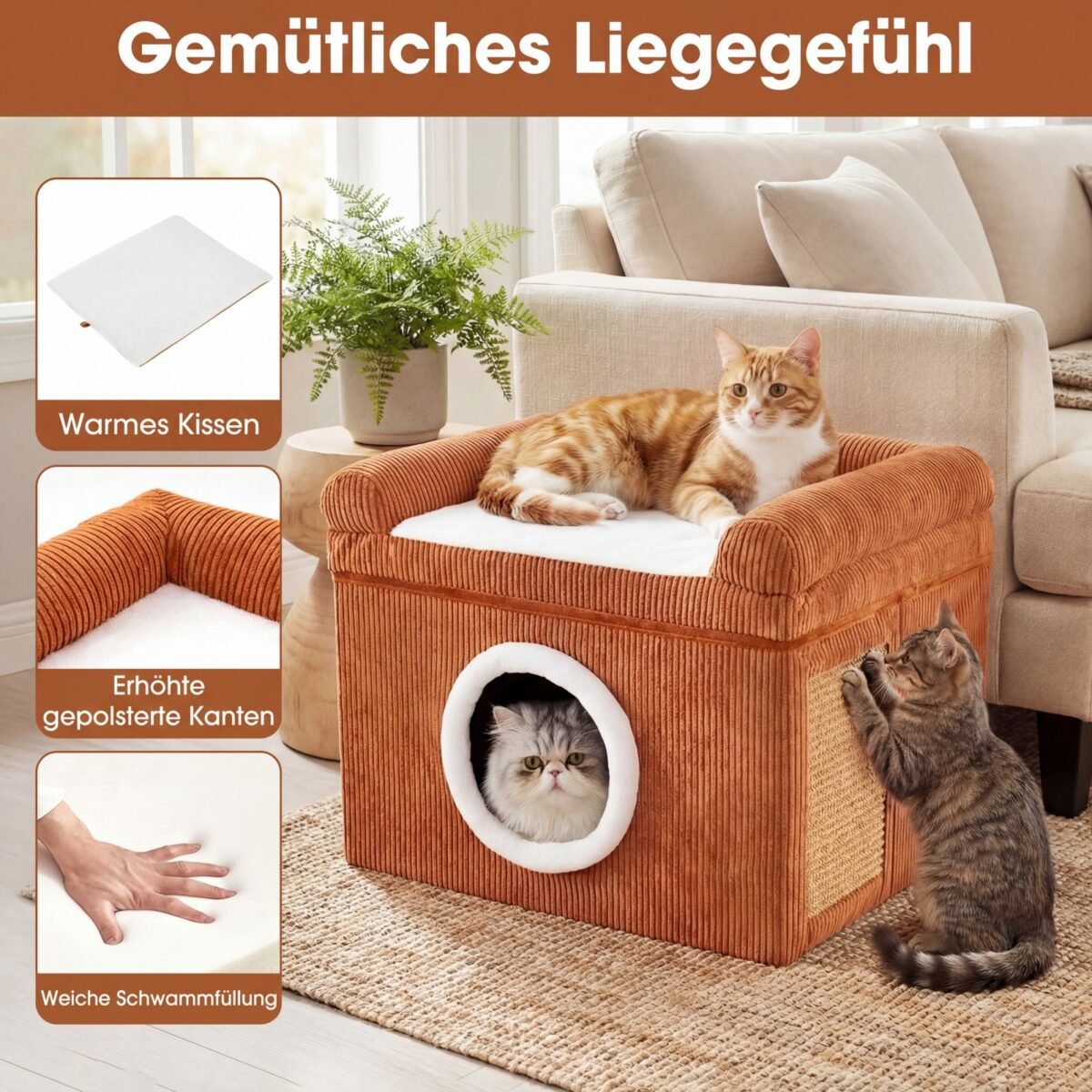 Sulankstomas kačių namelis su sizalio draskykle ir minkšta pagalve (Ruda) – Paveikslėlis 4