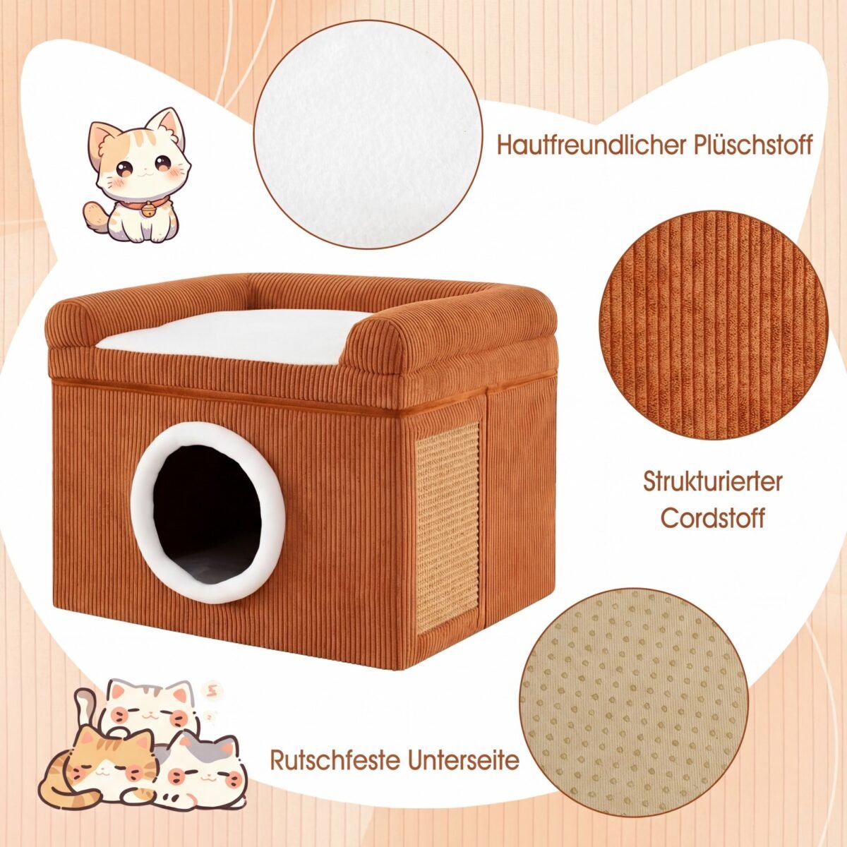 Sulankstomas kačių namelis su sizalio draskykle ir minkšta pagalve (Ruda) – Paveikslėlis 5