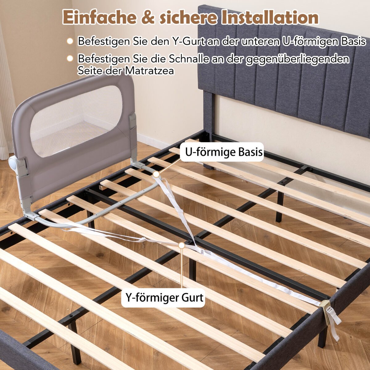 Sulankstomas lovos apsauginis turėklas su nuimamu Oksfordo audinio užvalkalu 80 x 60 cm (Pilka) – Paveikslėlis 3