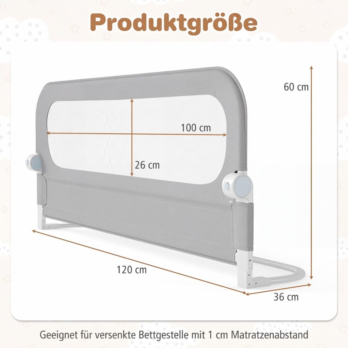 Sulankstomas lovos apsaugos barjeras su nuimamu Oksfordo audinio užvalkalu 120 cm (Pilka) – Paveikslėlis 2