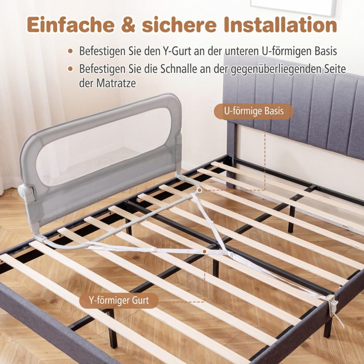 Sulankstomas lovos apsaugos barjeras su nuimamu Oksfordo audinio užvalkalu 120 cm (Pilka) – Paveikslėlis 3