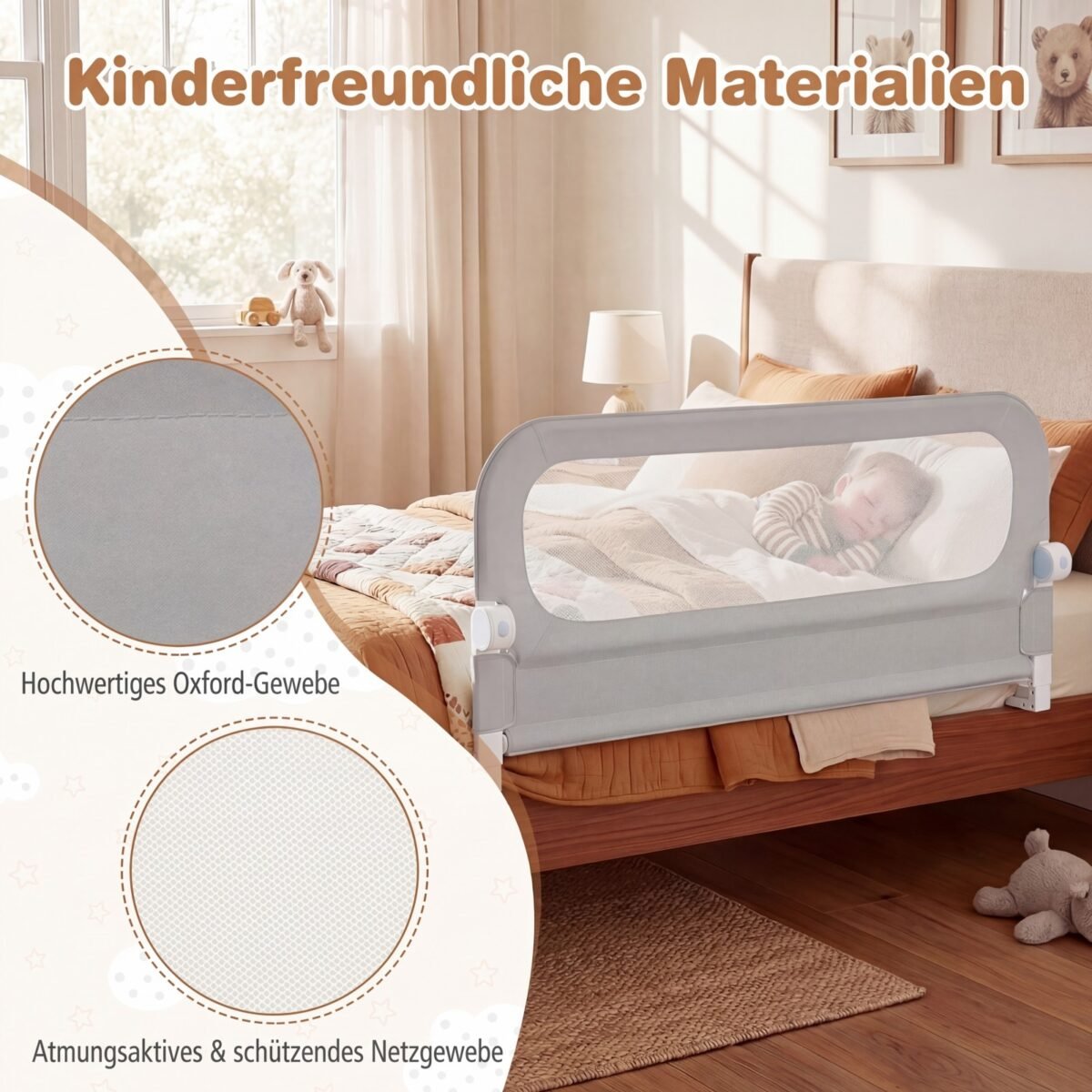 Sulankstomas lovos apsaugos barjeras su nuimamu Oksfordo audinio užvalkalu 120 cm (Pilka) – Paveikslėlis 4