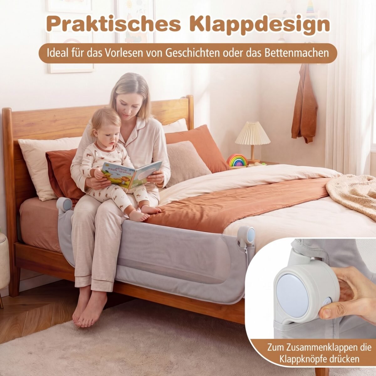 Sulankstomas lovos apsaugos barjeras su nuimamu Oksfordo audinio užvalkalu 120 cm (Pilka) – Paveikslėlis 5