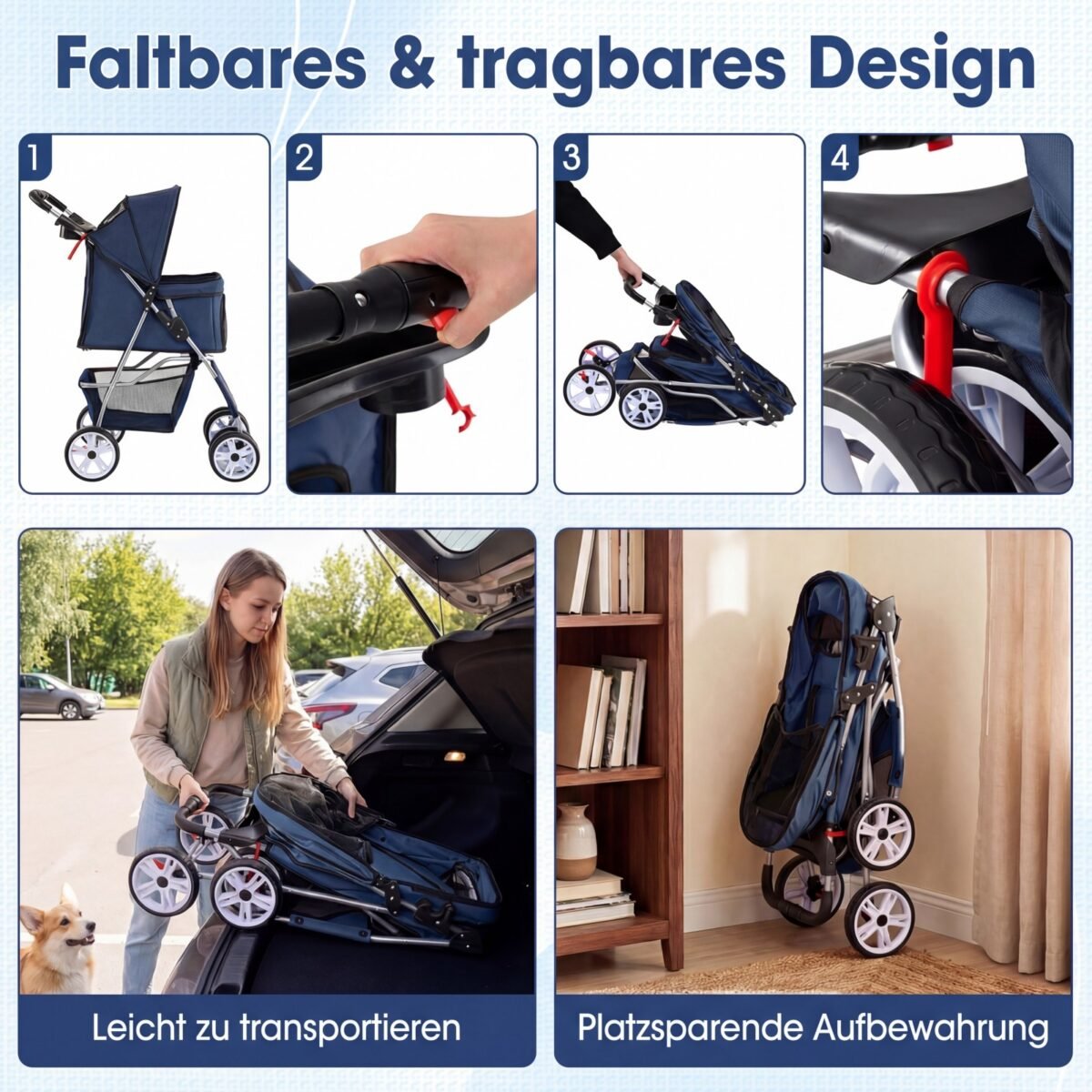 Sulankstomas naminių gyvūnėlių vežimėlis su orui pralaidžiu tinkleliu (Mėlyna)