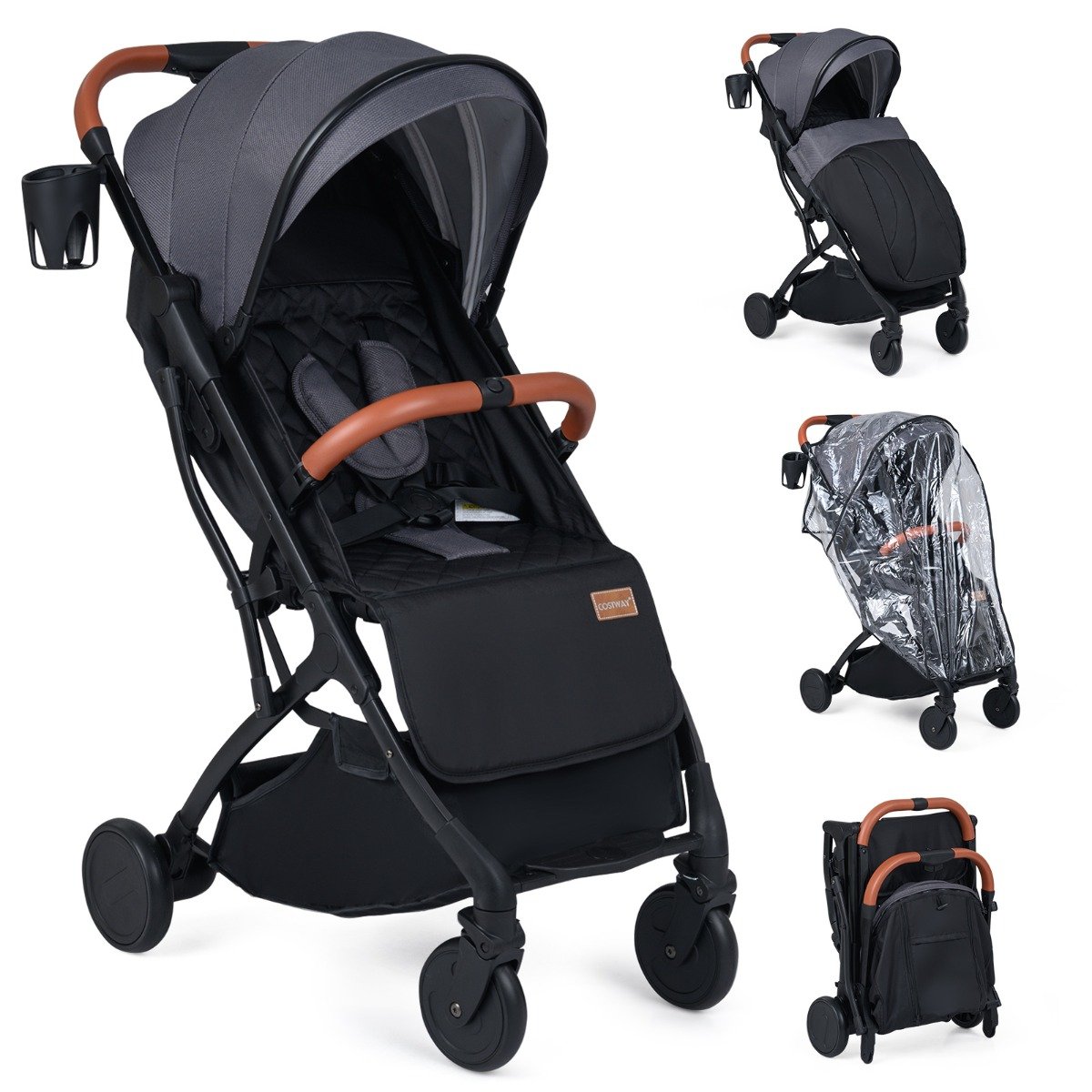 Sulankstomas vaikiškas vežimėlis su reguliuojama nugarėle ir pakoju (Pilka)