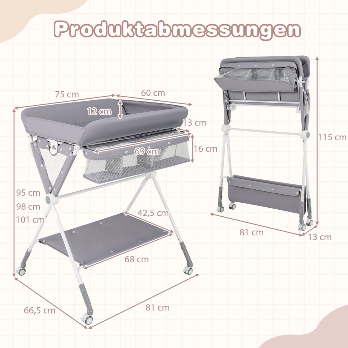 Sulankstomas vystymo stalas su 3 reguliuojamais aukščiais ir fiksuojamais ratukais (Pilka) – Paveikslėlis 5