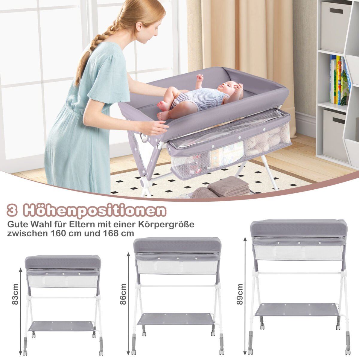 Sulankstomas vystymo stalas su 3 reguliuojamais aukščiais ir fiksuojamais ratukais (Pilka) – Paveikslėlis 2