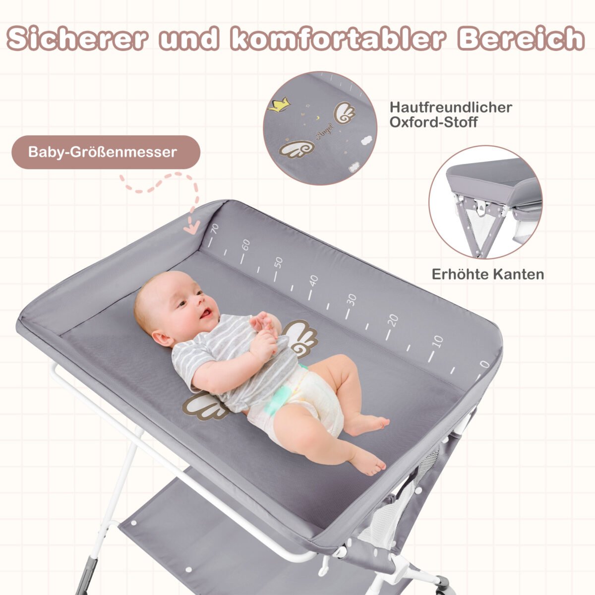 Sulankstomas vystymo stalas su 3 reguliuojamais aukščiais ir fiksuojamais ratukais (Pilka) – Paveikslėlis 3