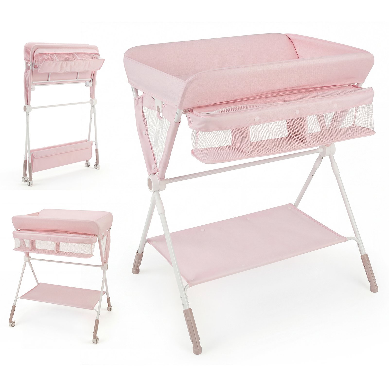 Sulankstomas vystymo stalas su reguliuojamu aukščiu ir fiksuojamais ratukais (Rožinė)