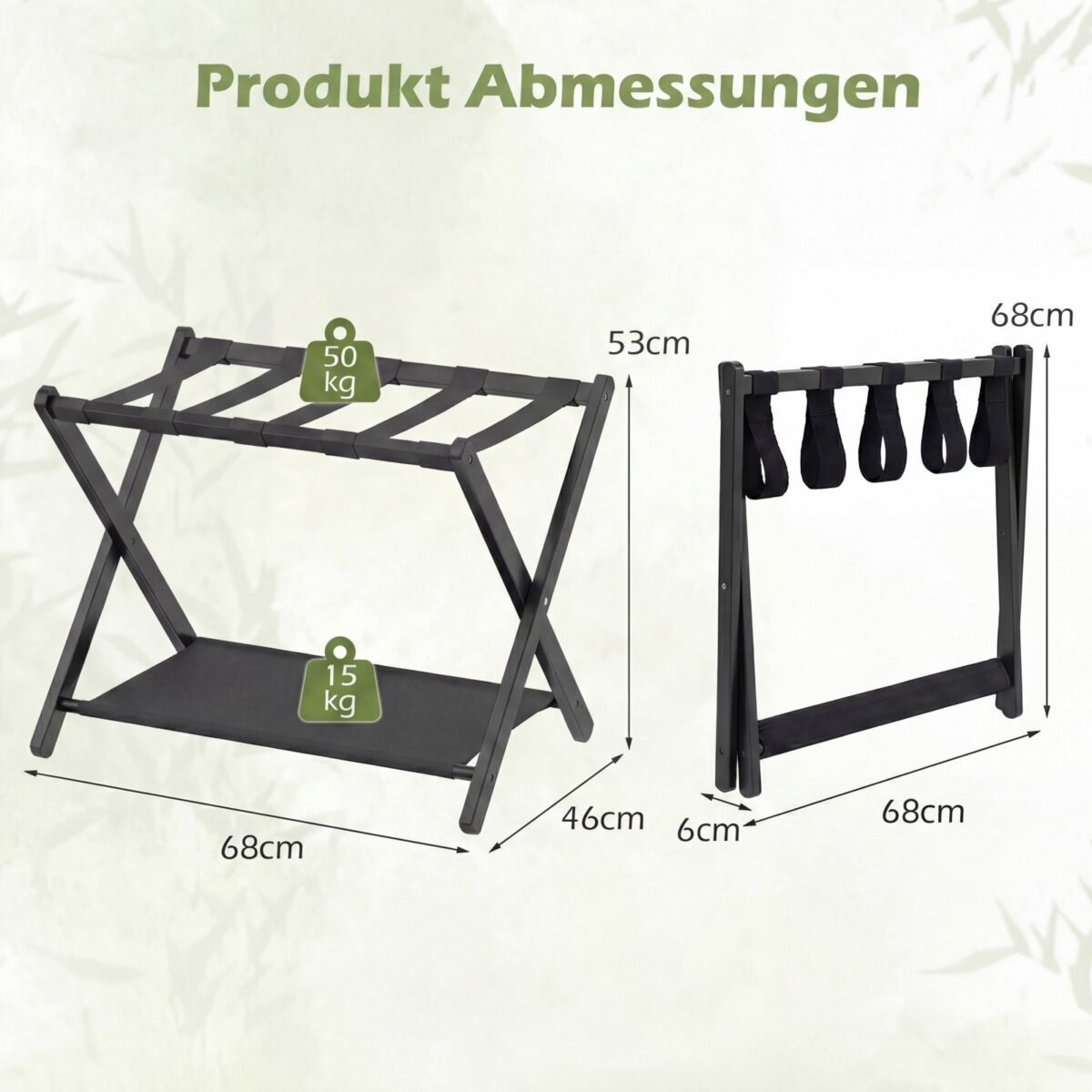Sulankstomi bambukiniai lagaminų stovai su dviem laikymo lygiais (2 vnt.) (Juoda) – Paveikslėlis 2