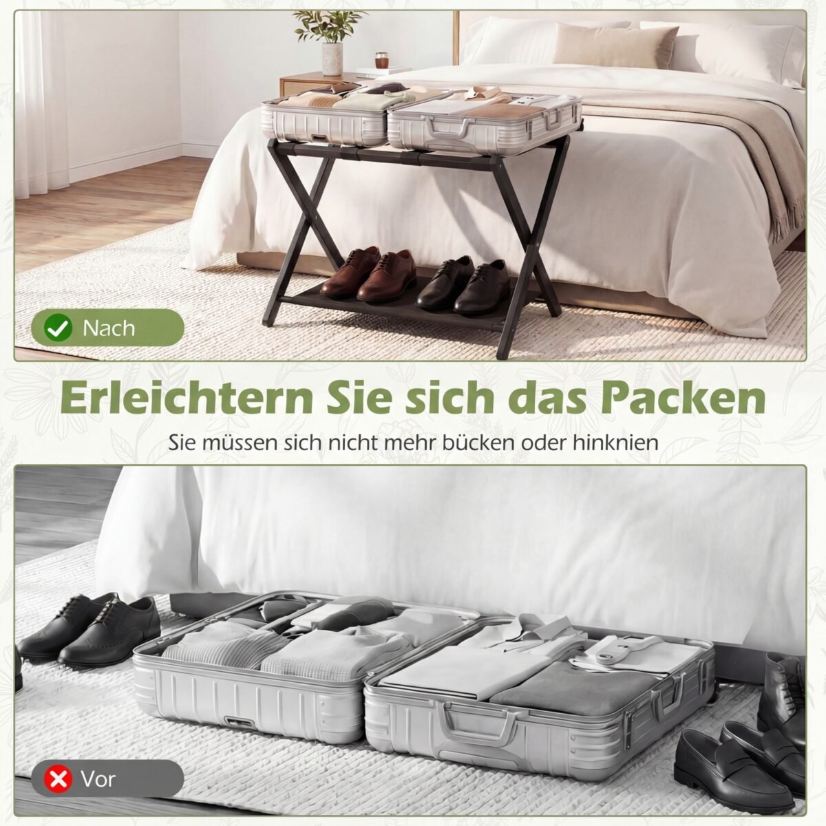 Sulankstomi bambukiniai lagaminų stovai su dviem laikymo lygiais (2 vnt.) (Juoda) – Paveikslėlis 3