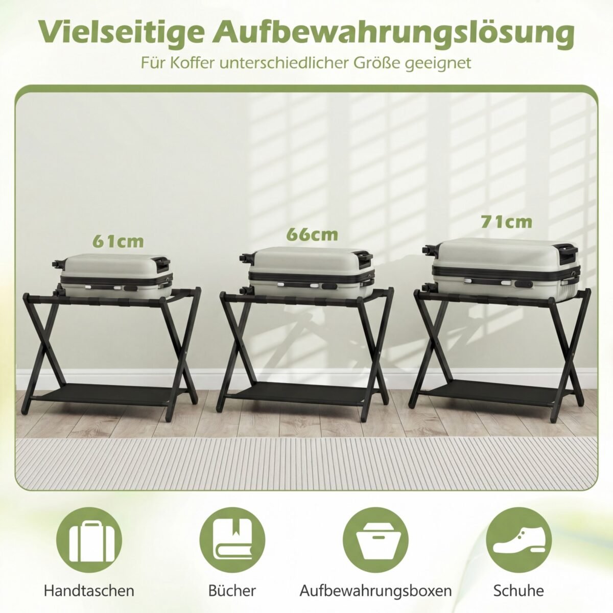 Sulankstomi bambukiniai lagaminų stovai su dviem laikymo lygiais (2 vnt.) (Juoda) – Paveikslėlis 4