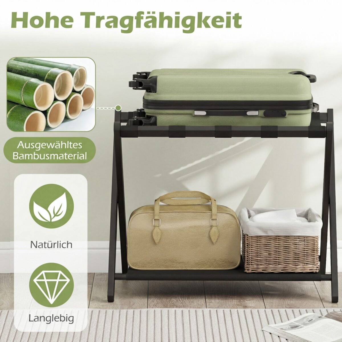 Sulankstomi bambukiniai lagaminų stovai su dviem laikymo lygiais (2 vnt.) (Juoda) – Paveikslėlis 5