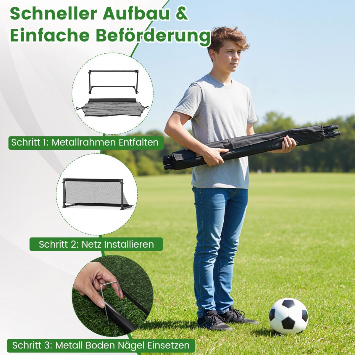 Sulankstomi futbolo vartai su metaliniu rėmu ir PE tinkleliu (Juoda) – Paveikslėlis 4