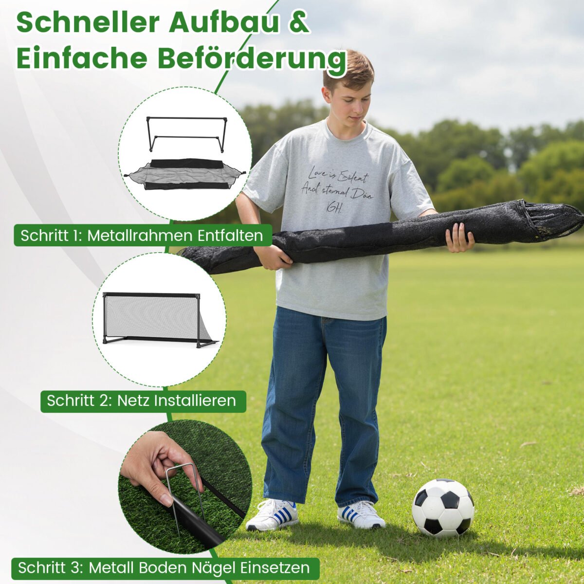 Sulankstomi futbolo vartai su tvirtu metaliniu rėmu ir atspariu PE tinklu (Juoda) – Paveikslėlis 4