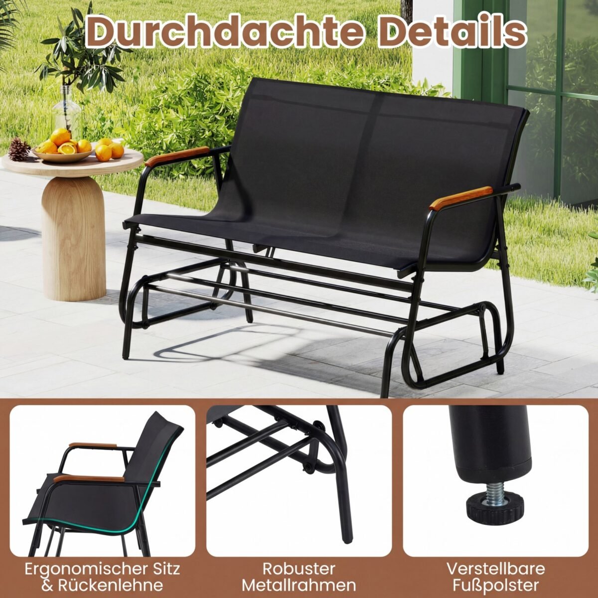 Sūpuojamas sodo suolas 2 asmenims su tikmedžio porankiais (Juoda) – Paveikslėlis 3