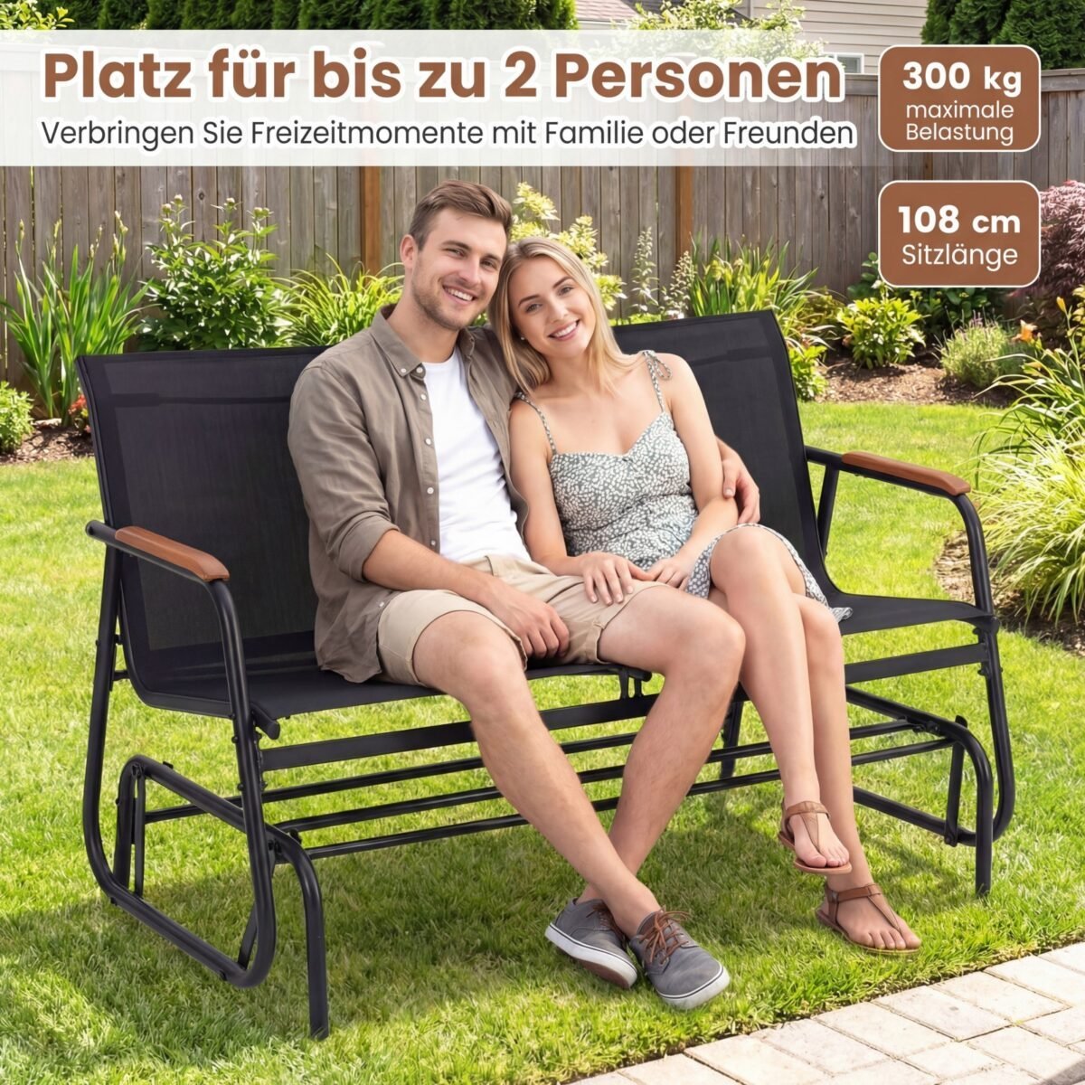 Sūpuojamas sodo suolas 2 asmenims su tikmedžio porankiais (Juoda) – Paveikslėlis 4