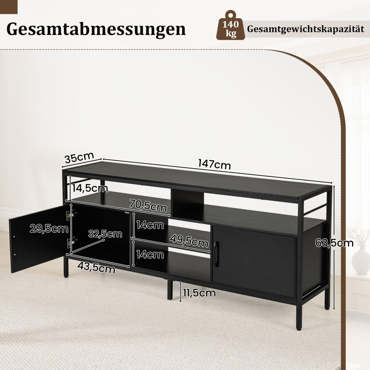 TV spintelė iki 65 colių televizoriams su uždaromomis spintelėmis ir atviromis lentynomis (Juoda) – Paveikslėlis 2