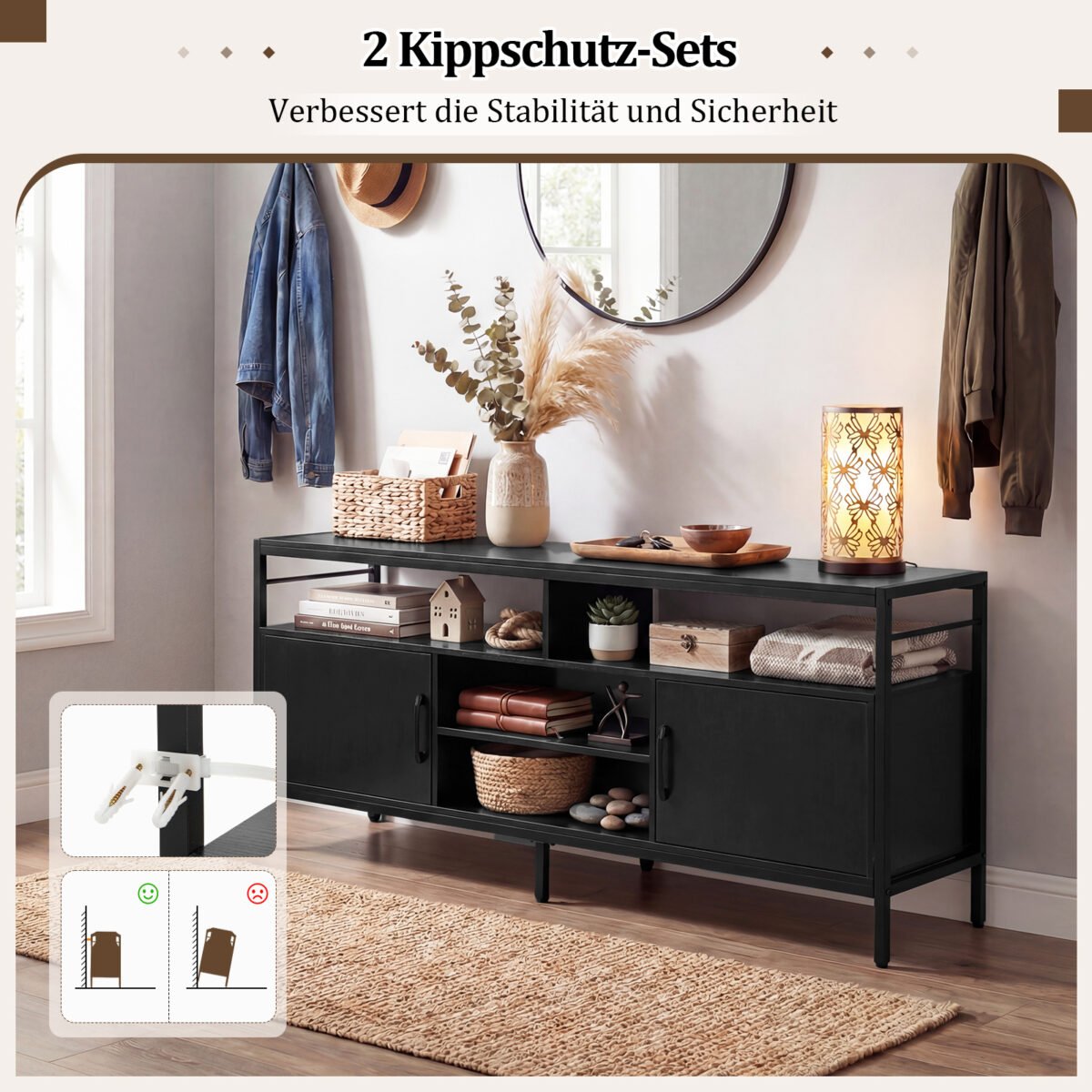 TV spintelė iki 65 colių televizoriams su uždaromomis spintelėmis ir atviromis lentynomis (Juoda) – Paveikslėlis 3