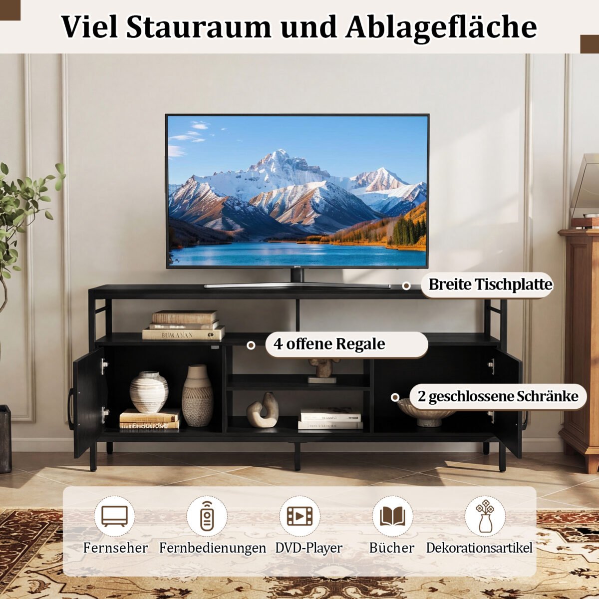 TV spintelė iki 65 colių televizoriams su uždaromomis spintelėmis ir atviromis lentynomis (Juoda) – Paveikslėlis 4